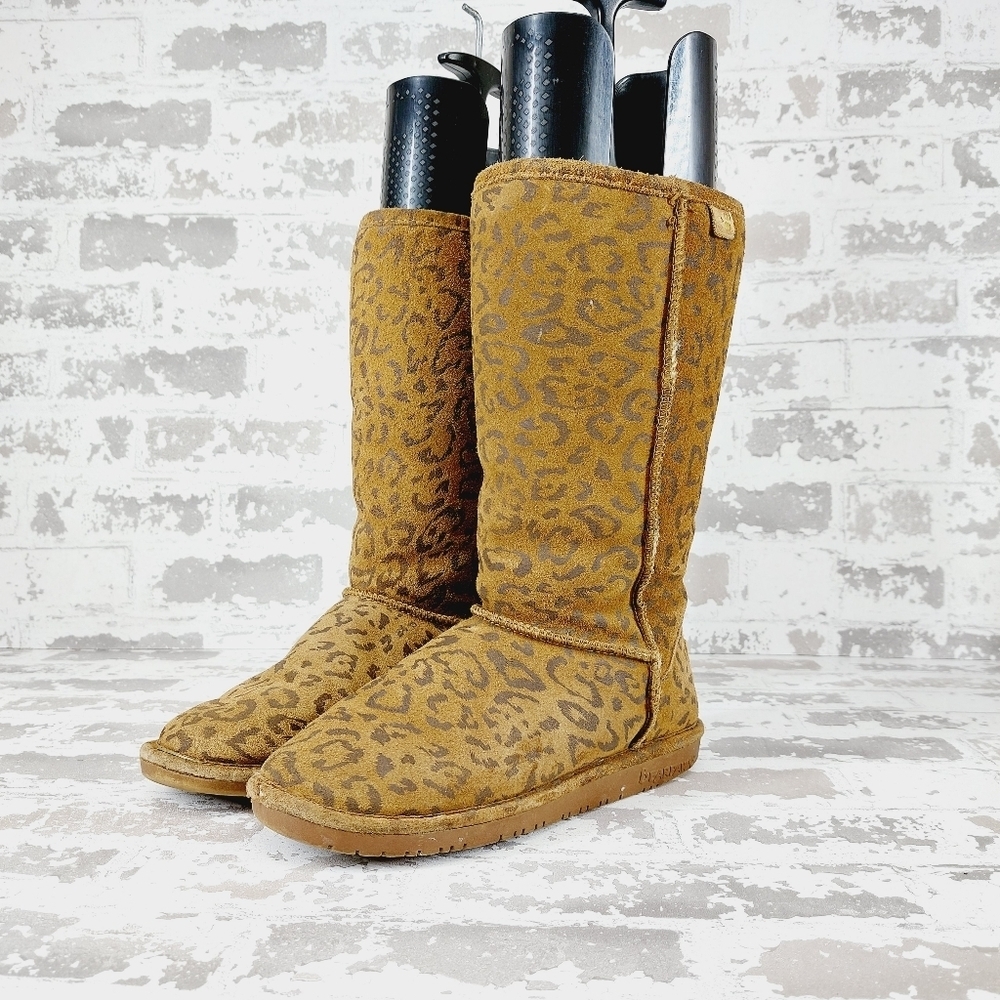BearPaw Brown Tan Leather Leopard Print Slip On Winter Casual Boots T30 - Picture 3 of 11